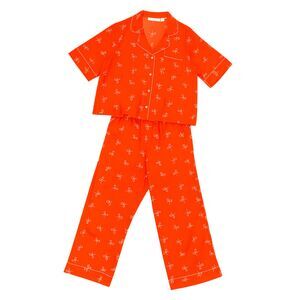 Shabby Chic Coral Pink Bow Print Pajama Set M Short Sleeve Button Top Wide Pants